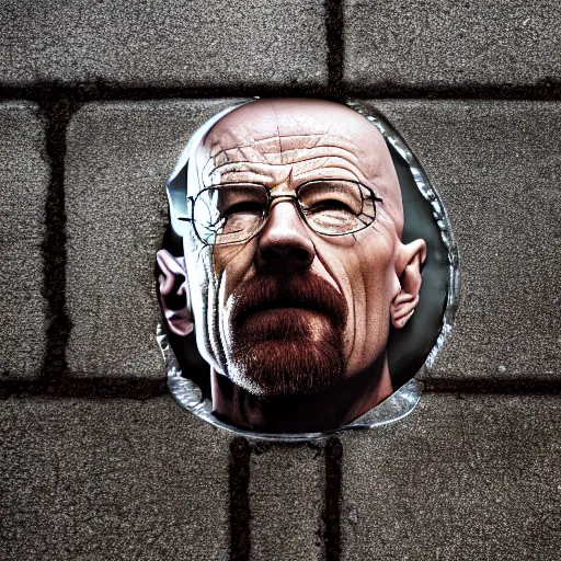 Prompt: walter white's face on a as a intergrated puddle of water on a street, close up 8 k photograph