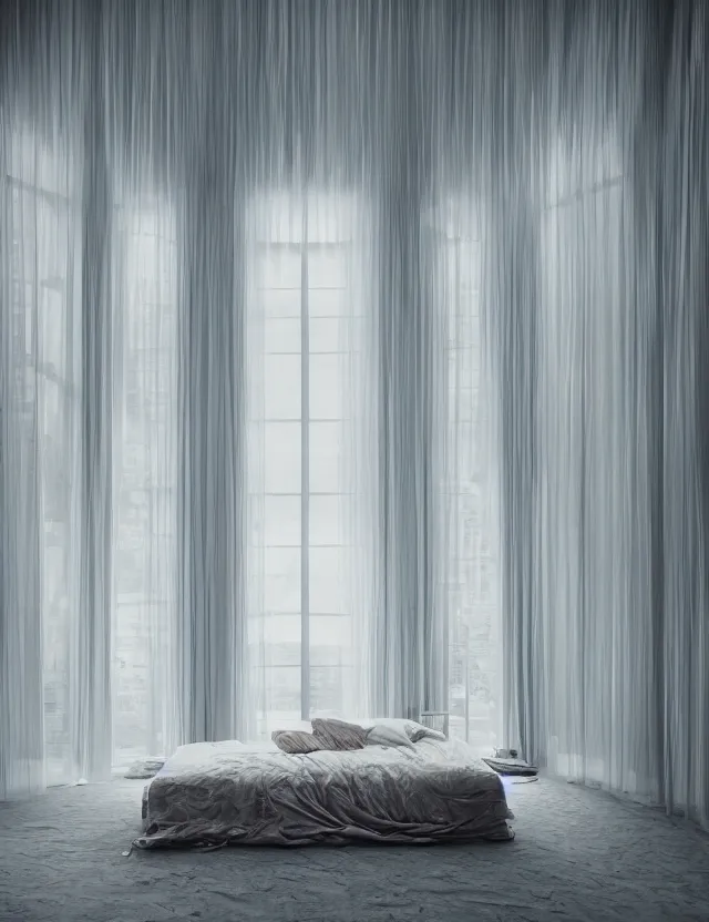 Image similar to dreamlike photo of floating bed above floor in a giant room with bright windows opening to other dimensions by andrzej sykut by lee madgewick, photorealistic, octane render, recursive, high contrast, pretty color, flowing, cascading, multiverse!!!!!!, labyrinthine, optical illusion, impossible angles