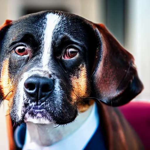 Prompt: high detail shot of a dog wearing a suit, realism 8k