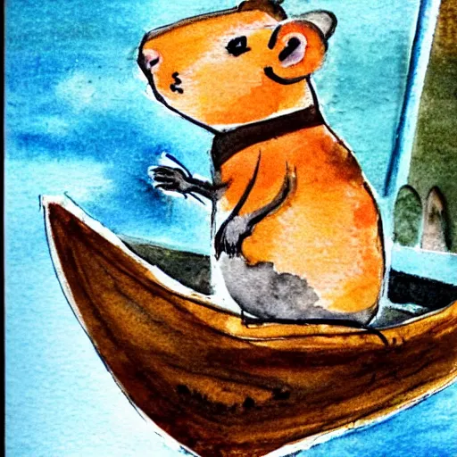 Image similar to A hamster made out of iron in a boat on a river, watercolors by 5 year old