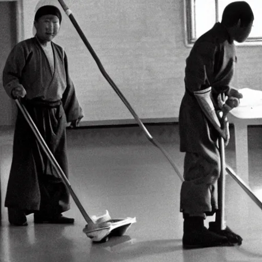 Prompt: genghis khan as a janitor in an elementary school, mopping the floor