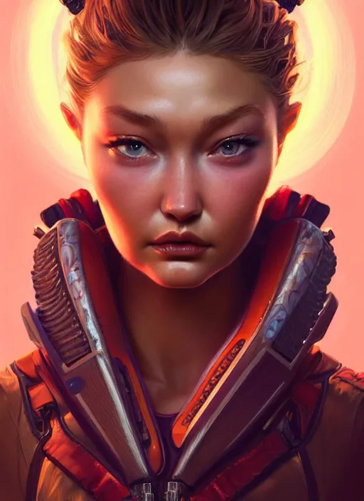 Image similar to portrait of apex legends gigi hadid, intricate, elegant, glowing lights, highly detailed, digital painting, artstation, glamor pose, concept art, smooth, sharp focus, illustration, art by artgerm and greg rutkowski, artey freytag