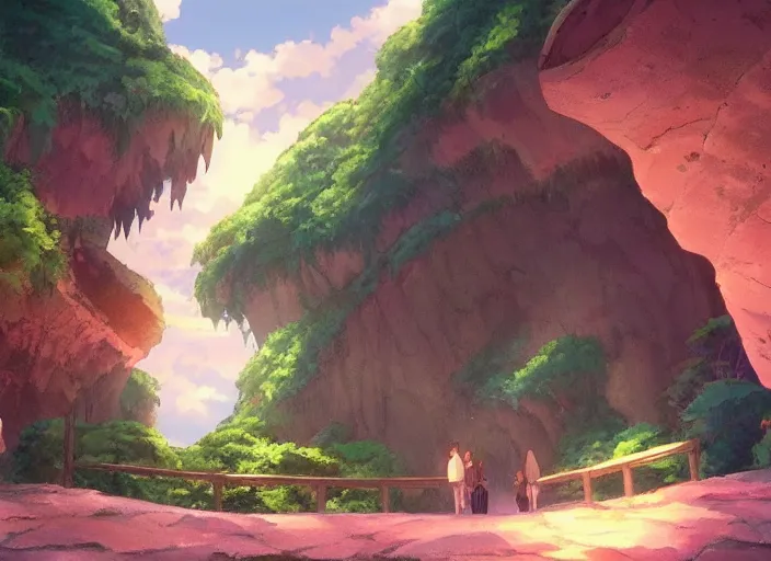 Prompt: A entrance into a magical cavern, wide shot, peaceful and serene, incredible perspective, soft warm lighting, anime scenery by Makoto Shinkai and studio ghibli, very detailed