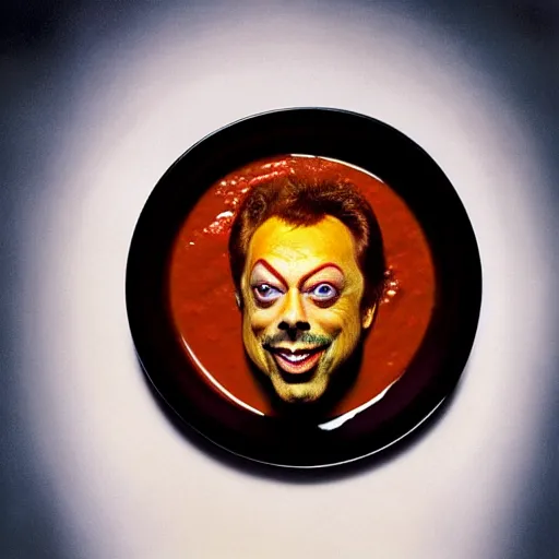 Image similar to uhd tim curry in a bowl of curry. photo by annie leibowitz