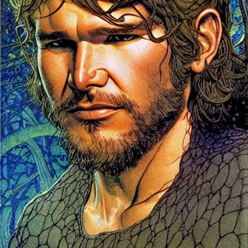 Image similar to a realistic, very beautiful and atmospheric portrait of young harrison ford as a druidic warrior wizard looking at the camera with an intelligent gaze by rebecca guay, michael kaluta, charles vess and jean moebius giraud