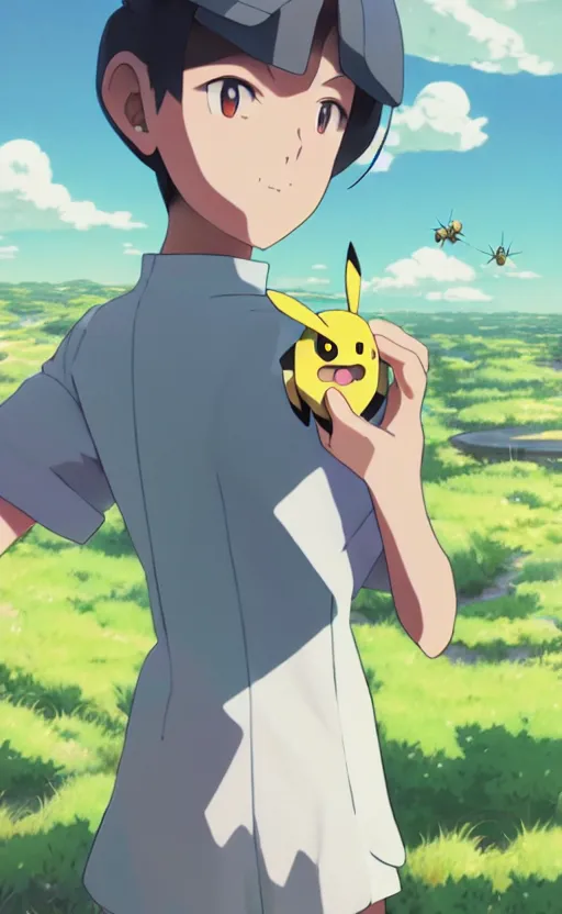 Image similar to a pokemon go card from 1 9 5 0, illustration, insect trainer girl, clear sky background, lush landscape, concept art, anime key visual, trending pixiv fanbox, by wlop and greg rutkowski and makoto shinkai and studio ghibli and kyoto animation, symmetrical facial features, short hair, hair down