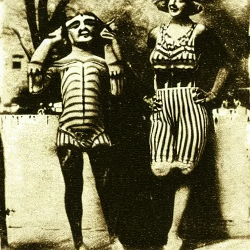 Prompt: 1930s photograph of freak show, sepia, grainy photo