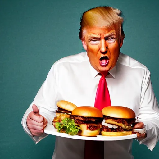 Image similar to donald trump eating an entire bowl filled with burgers, studio portrait photo, studio lighting, key light, food photography