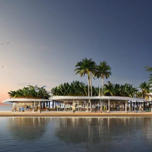 Image similar to architectural renderings, a seaside visitor center consisting of three mushroom - shaped buildings on the blue sea with tall coconut trees ， detailed