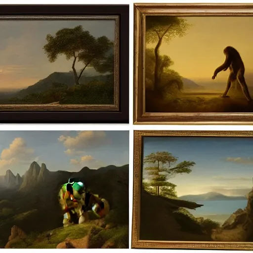 Image similar to evolution from monkey to man, 4 pictures, in the style of the Hudson River School