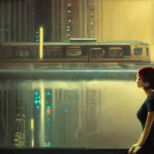 Image similar to detailed portrait of a woman, moment, cyberpunk elevated train, electronic billboards, tech noir, wet reflections, atmospheric, ambient, livia prima, greg rutkowski, edward hopper, pj crook