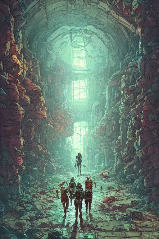 Prompt: adventuring party of 3 gamma world mutants walking through the interior of a dungeon, in the style of Rob Lefield and Dan Mumford , trending on artstation, digital art,surrealism ,macro,blueprint ,vaporwave ,