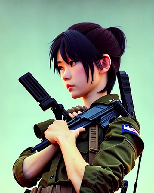 Image similar to girl holding a rifle | | very very anime!!!, fine - face, audrey plaza, realistic shaded perfect face, fine details. anime. realistic shaded lighting poster by ilya kuvshinov katsuhiro otomo ghost - in - the - shell, magali villeneuve, artgerm, jeremy lipkin and michael garmash and rob rey