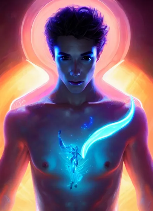 Image similar to a male humanoid phantom adventurer made of liquefied stardust, dnd fantasy character, full body portrait, glowing neon skin, magical aura, ultra realistic, intricate, elegant, highly detailed, digital painting, artstation, smooth, sharp, focus, illustration, art by artgerm and greg rutkowski and alphonse mucha