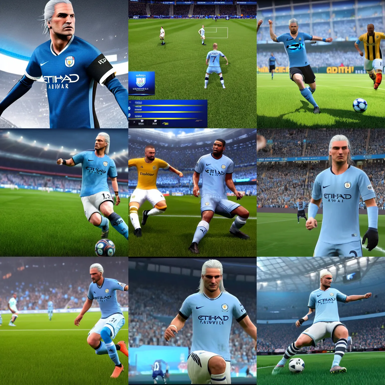 Prompt: screenshot of geralt of rivia playing for manchester city in fifa 2 1, ea sport