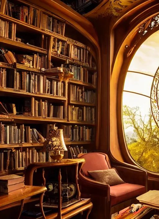 Image similar to an incredibly beautiful scene from a 2 0 2 2 marvel film featuring a cozy art nouveau reading nook in a fantasy treehouse interior. an end table with a lamp. golden hour. 8 k uhd.