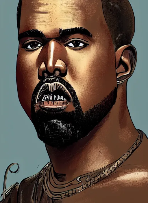 Image similar to a portrait of kanye west as a male tiefling warrior with!!! only two!!! large curved horns, intricate, tone mapped, ambient lighting, highly detailed, digital painting, artstation, concept art, 4 k, god rays, stunning beautiful, glowing eyes, sharp focus, by makoto shinkai and akihiko yoshida and hidari and wlop