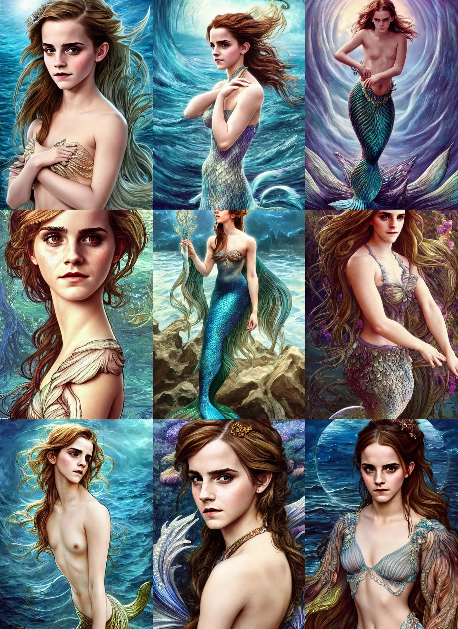 Image similar to Emma Watson as a beautiful mermaid, cute, fantasy, intricate, elegant, highly detailed, digital painting, 4k, HDR, concept art, smooth, sharp focus, illustration, art by artgerm and H R Giger and alphonse mucha