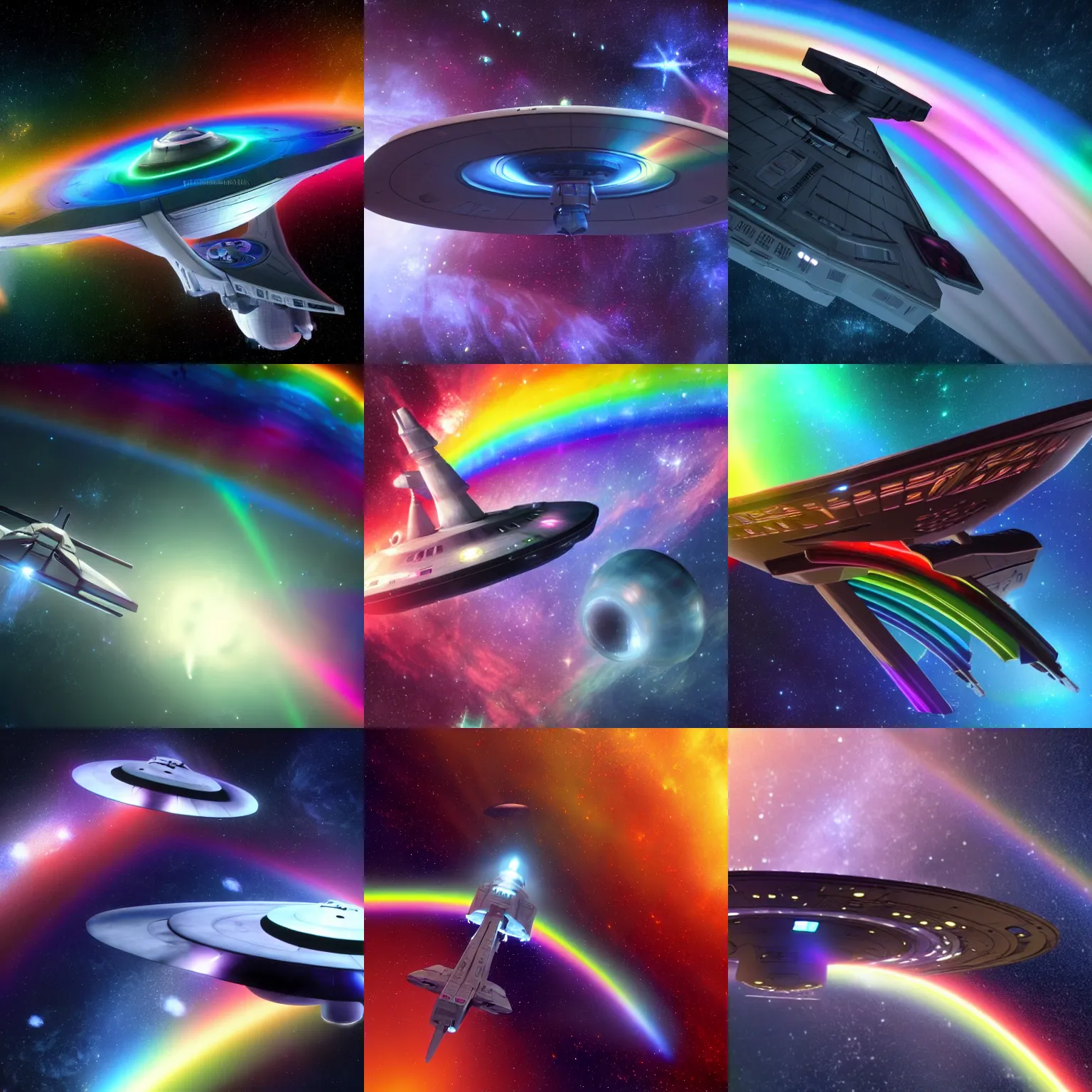 Prompt: The Star Ship Enterprise from star trek flying through a gay nebula. Trending on artstation 3d unreal engine rendering high definition. Super gay lgbt. The starship enterprise is leaving a rainbow trail behind it and it's transgender. The nebula is a rainbow and the ship is pained in trans colors.