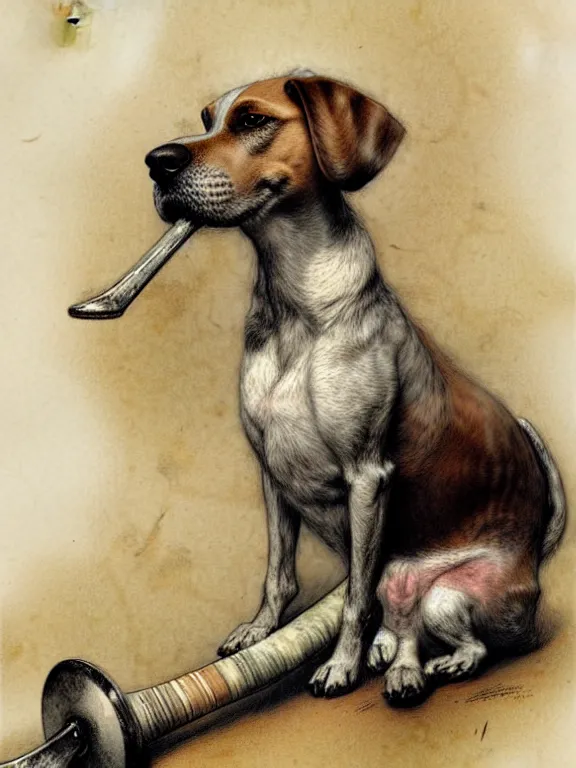 Image similar to a dog with a huge bone, muted colors, by jean - baptiste monge