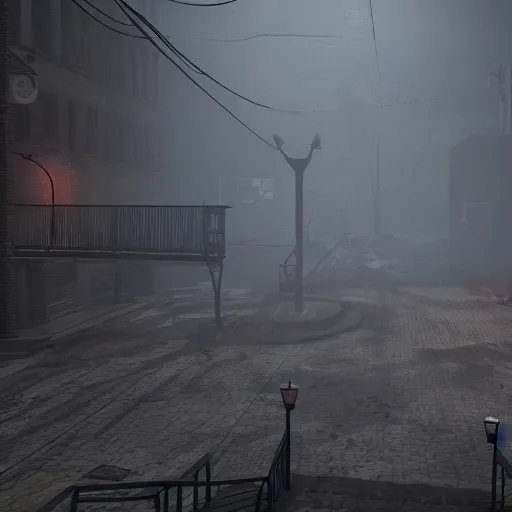 Image similar to playstation 5 screenshot of silent hill, intricate, overhead view