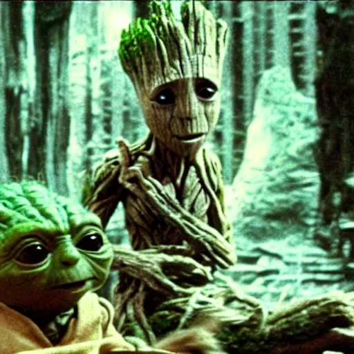 Prompt: Film still of Groot chilling out with Yoda, from Star Wars The Empire Strikes Back (1980)