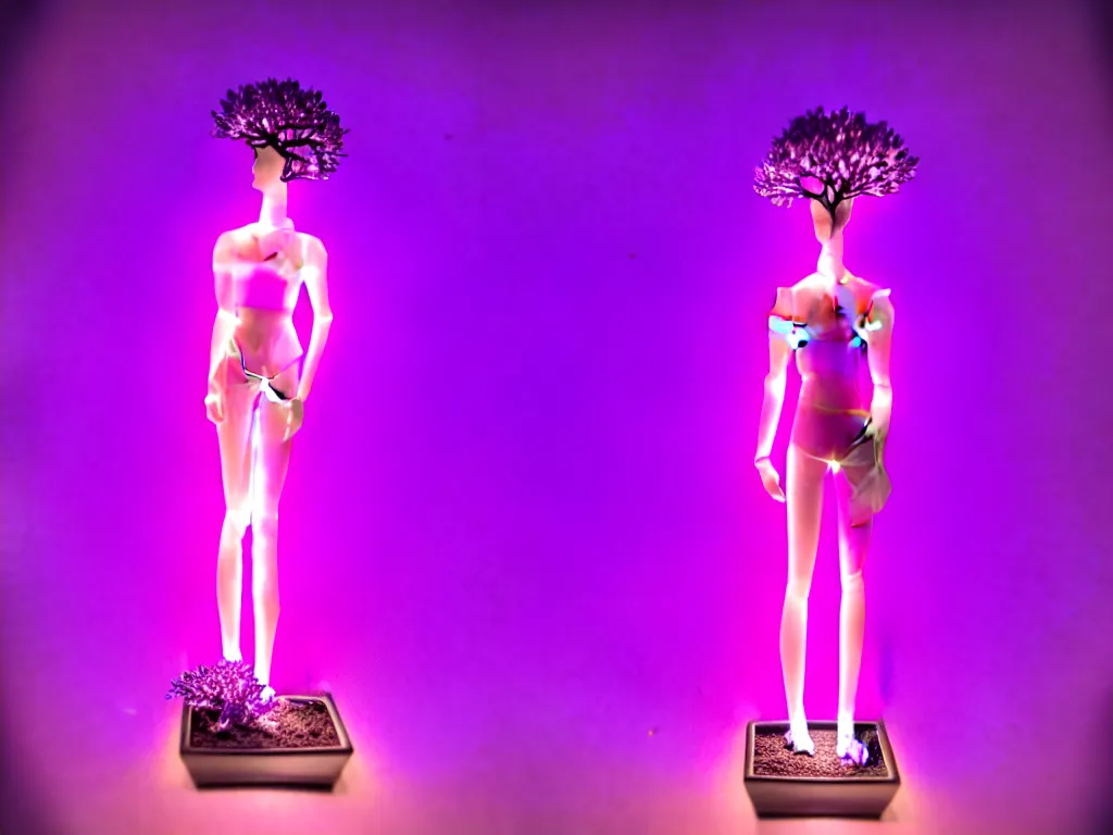 Image similar to beautiful mannequin sculpted out of amethyst by billelis + lit with purple 3 d geometric neon + chrome geometric cubed bonsai plants!!!!, doorway opening with neon pink geometric light, clean linework, dramatic, finely detailed, rule of thirds, moody, confident, award winning, 4 k, trending on artstation, photorealistic, volumetric lighting, octane render