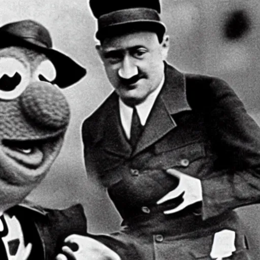 Prompt: kermit the frog and hitler discuss taking over europe