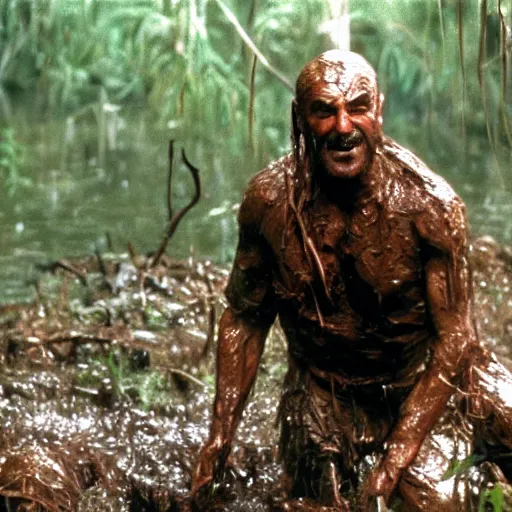 Image similar to cinematic still of sean connery, covered in mud and watching a predator in a swamp in 1 9 8 7 movie predator, hd, 4 k