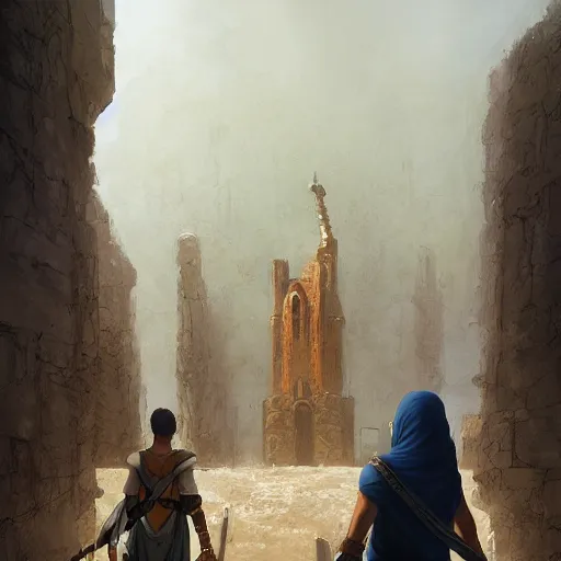 Image similar to 17 year old middle eastern skinned boy standing strong. Goliath, the Giant man stands behind. Cinematic, epic by andreas rocha and john howe, and Martin Johnson