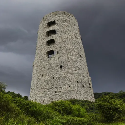 Prompt: cyclopean tower, huge scale, flocks of birds, lit by thunder, clouds