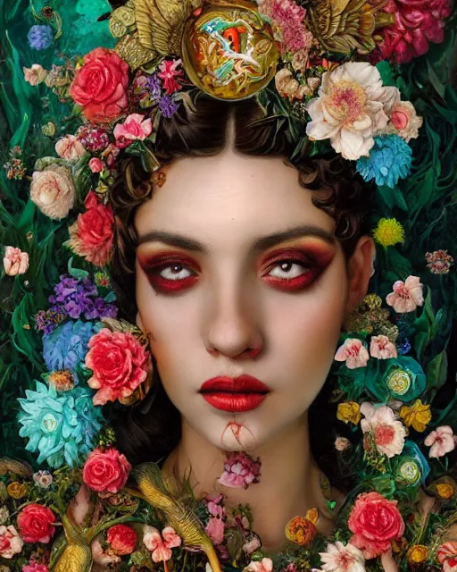 Image similar to portrait of the mexican queen of the underworld, surrounded by flowers by karol bak, james jean, tom bagshaw, rococo, sharp focus, trending on artstation, cinematic lighting, hyper realism, octane render, 8 k, hyper detailed.