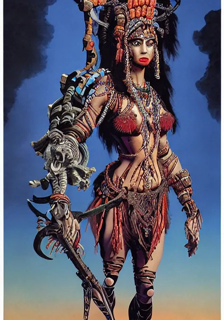 Prompt: Horizon zero dawn kali durga editorial by Wayne Barlowe designed by alexander mcqueen painted by caravaggio and by virgil finlay