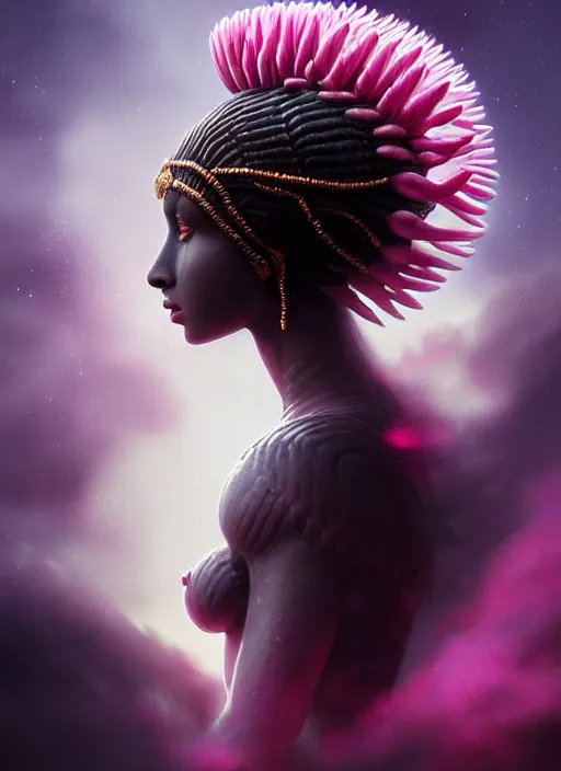 Image similar to stunning alien godess princess, detailed pink and white protea head peace against a black backdrop by ivan aivazovsky, 3 / 4 view portrait, wlop, super sharp details, photorealism, canon 5 d, 5 0 mm lens, stunning photoshot, beautiful soft lighting, muted colours, artstation