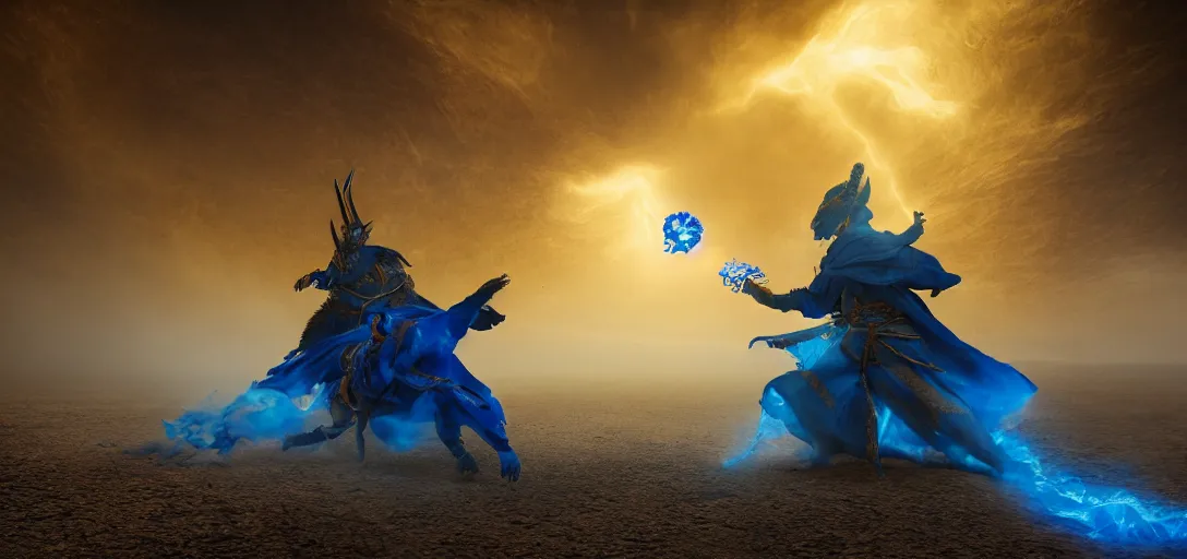 Image similar to a warrior in blue and yellow robes fighting a dark beast in a desert, detailed face, luminescent eyes, sunny weather, rendered in octane, realistic, 8 k, vivid, intricate, detailed, mist, fog, dramatic light