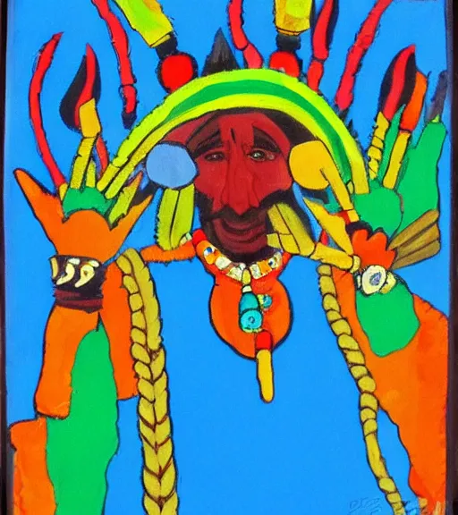 Image similar to Painting of a shaman dressed in a colorful traditional clothes. He is smoking a pipe. From the pipe there is a whole universe escaping and filing the sky