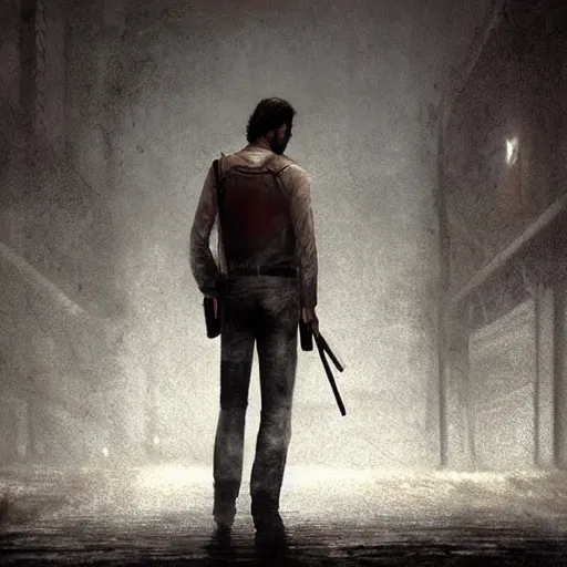 Image similar to rick grimes in silent hill, artstation hall of fame gallery, editors choice, #1 digital painting of all time, most beautiful image ever created, emotionally evocative, greatest art ever made, lifetime achievement magnum opus masterpiece, the most amazing breathtaking image with the deepest message ever painted, a thing of beauty beyond imagination or words