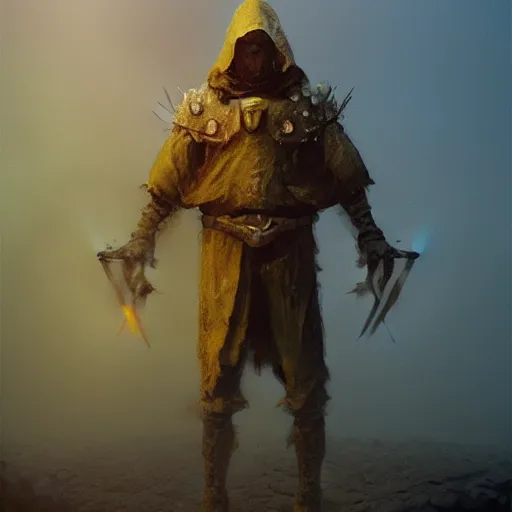 Image similar to self portrait of a quest giver. Full body with cloak and body armor, digital art, realistic, ultradetailed, concept art in the style of r/retrofuturism, art by Beksinski and Dariusz Zawadski, trending on artstation, devianart, cgsociety