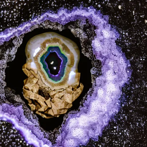 Image similar to photography of a geode with a a small body of an alien skellet inside it