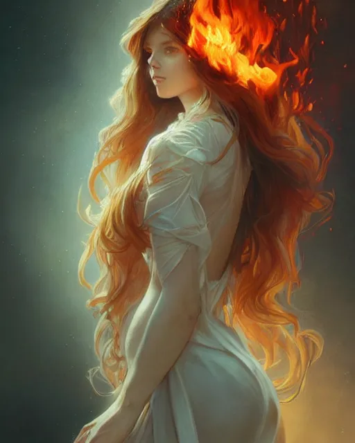 Image similar to beautiful long haired girl, fire dress, portrait, flames everywhere, highly detailed, digital painting, artstation, concept art, smooth, sharp focus, illustration, art by artgerm and greg rutkowski and alphonse mucha