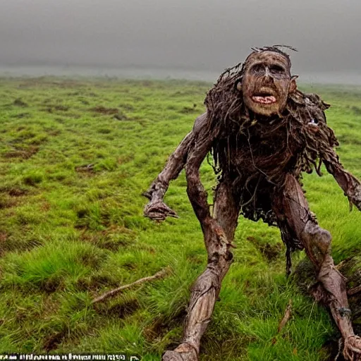 Image similar to a peat bog mummy climbing from the bog, snarling and angry, hyper realistic, photo, midday, rain