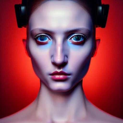 Image similar to hyperrealism aesthetic photography in caravaggio style quntum computer simulation visualisation of parallel universe cyberpunk scene with beautiful detailed ukrainian woman with detailed face and perfect eyes wearing ukrainian traditional shirt and wearing retrofuturistic sci - fi neural interface designed by josan gonzalez. hyperrealism photo on pentax 6 7, by giorgio de chirico volumetric natural light rendered in blender