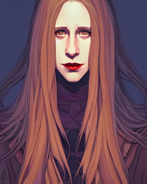 Prompt: in the style of Joshua Middleton and artgerm, evil vampire Taissa Farmiga open mouth with sharp fangs, full body, moody lighting