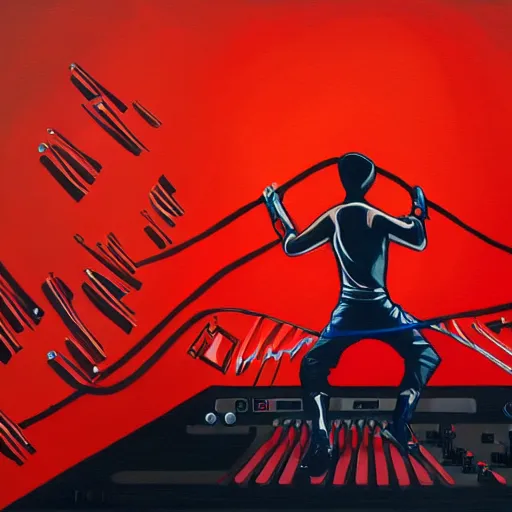 Image similar to beautiful painting of a ninja warrior playing a synthesizer in a music studio with red liquid coming out of the studio monitor speakers