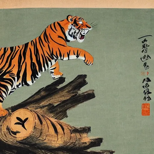 Image similar to a mighty tiger jumping over a wooden log that is above splashing water, Chinese Art