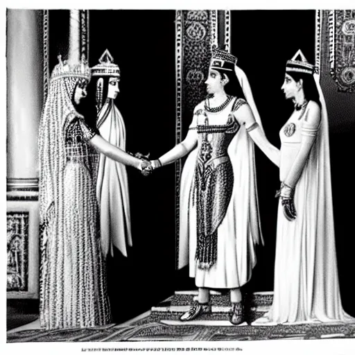 Image similar to detailed black and white photo of queen elizabeth ii meeting cleopatra in egypt