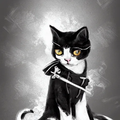 Prompt: black-white cat as a pirate, digital art, artstation,