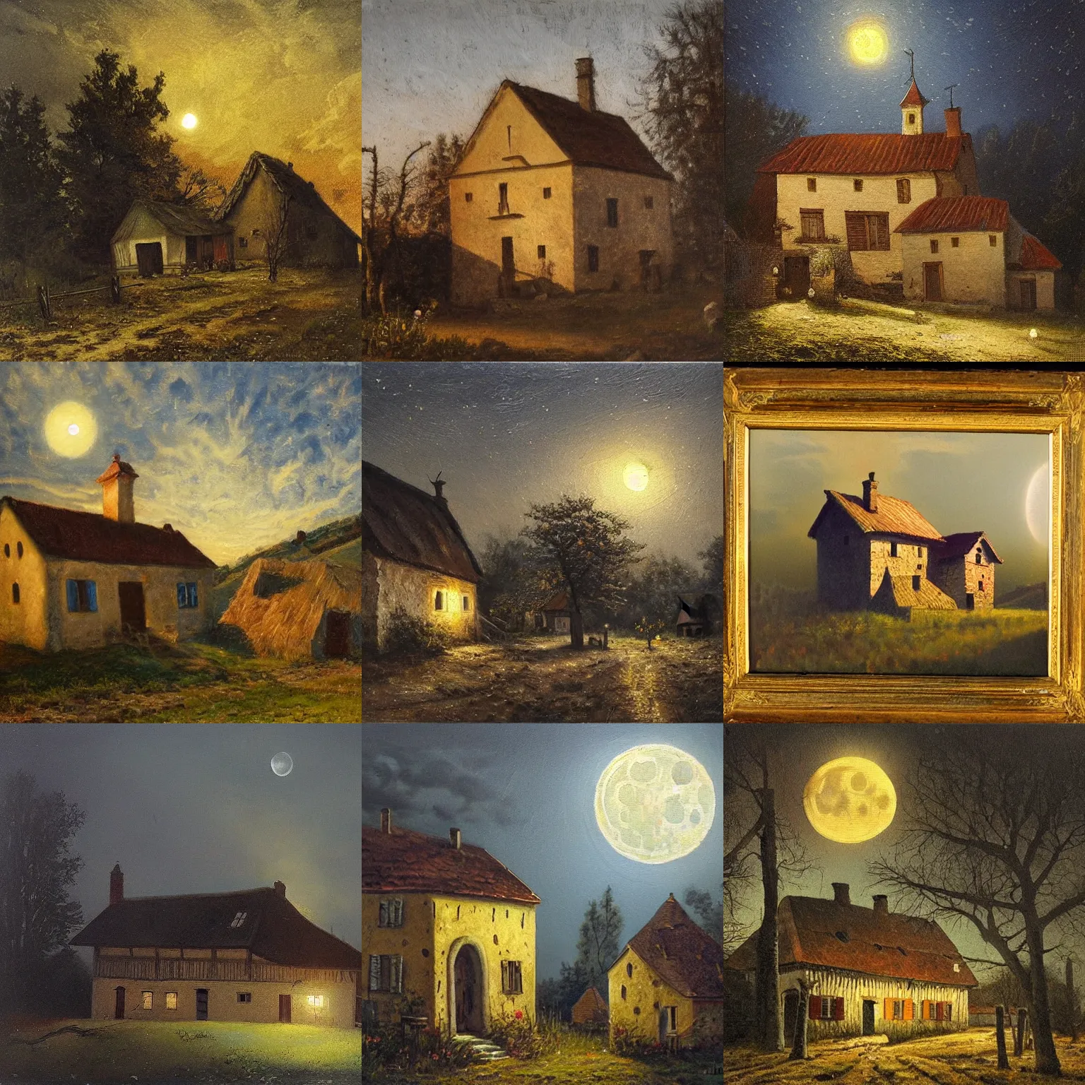 Prompt: a 1 9 th century, old hungarian village house. atmoshperical, midnight, moon lighting, realistic, highly detailed, shadows, mysterious, oil canvas, landscape by lotz karoly, mednyanszky laszlo, meszoly geza, and szinyei merse pal