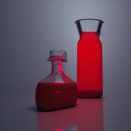 Prompt: Glowing red liquid in a glass flask , dramatic light, artstation