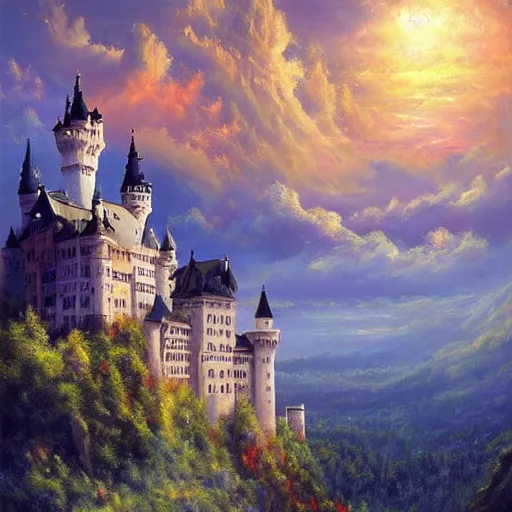 Prompt: highly detailed fantasy art, scene of natural innate artstation style, artstation form, castle neuschwanstein floating in the sky, surrounded by clouds, surreal dreamscape, painting by paul lehr and mark Keathley